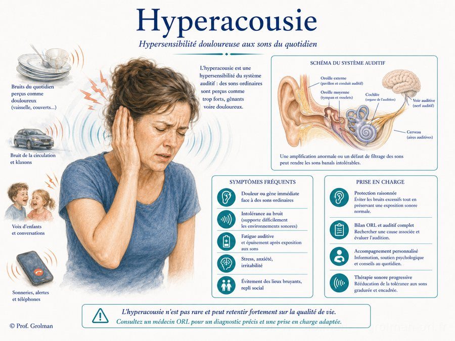 Hyperacousie : hypersensibilité aux sons du quotidien, perçus trop forts ou douloureux, souvent associée aux acouphènes — cabinet d'otologie du Dr Grolman près de Béziers
