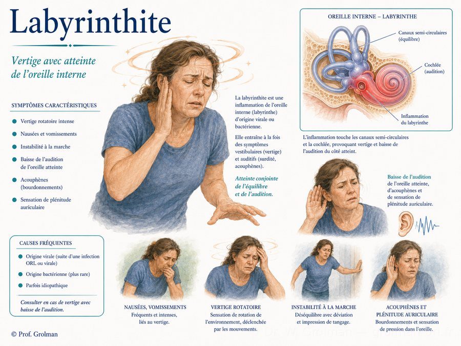 Labirintite e neurite vestibolare: infiammazione dell'orecchio interno con vertigine intensa — studio di otologia del Dr. Grolman vicino a Béziers